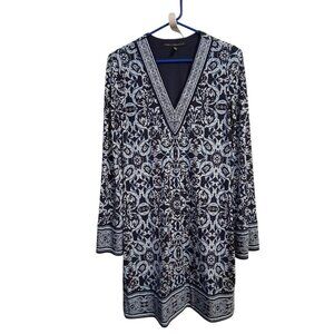 White House Black Market Womens Patterned Tunic Dress Long Sleeve Navy/White S